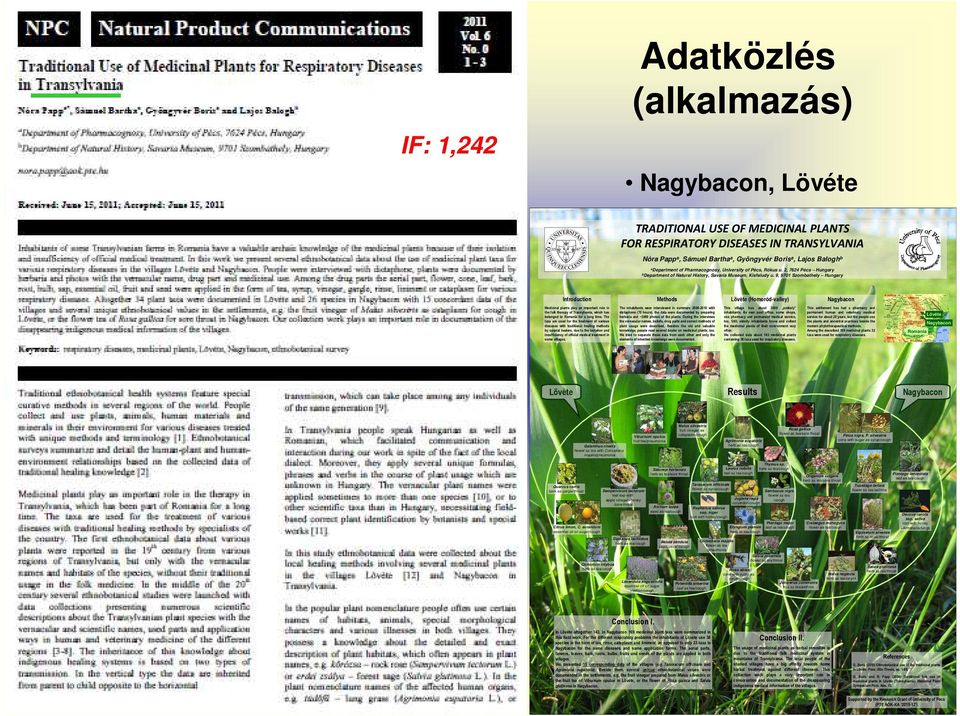 9, 9701 Szombathely Hungary Introduction Methods Lövéte (Homoród-valley) Nagybacon Medicinal plants play an important role in the folk therapy of Transylvania, which has belonged to Romania for a