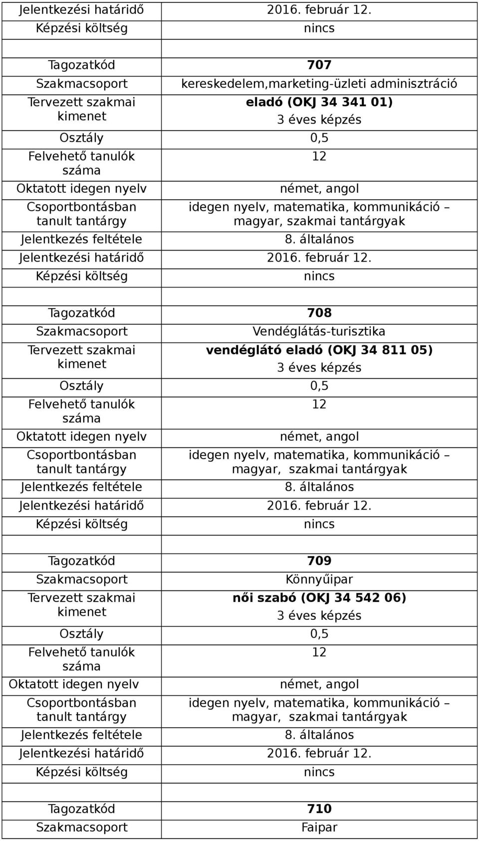 708 Vendéglátás-turisztika vendéglátó eladó (OKJ 34 811 05)  Tagozatkód 709 Könnyűipar női