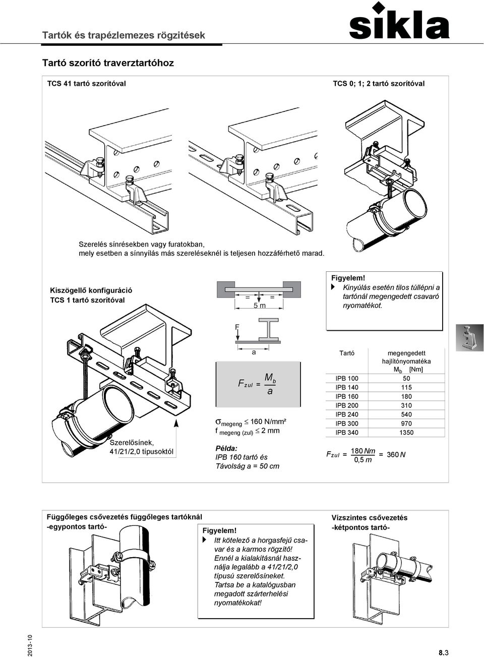 F Szerelősínek, 41/21/2,0 típusoktól Fzul a = M b -------- a σ megeng 160 N/mm² f megeng (zul) 2 mm Példa: IPB 160 tartó és Távolság a = 50 cm Tartó megengedett hajlítónyomatéka M b [Nm] IPB 100 50