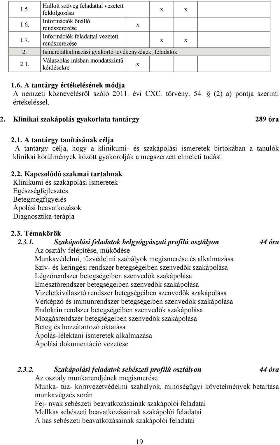 (2) a) pontja szerinti értékeléssel. 2. Klinikai szakápolás gyakorlata tantárgy 289 óra 2.1.