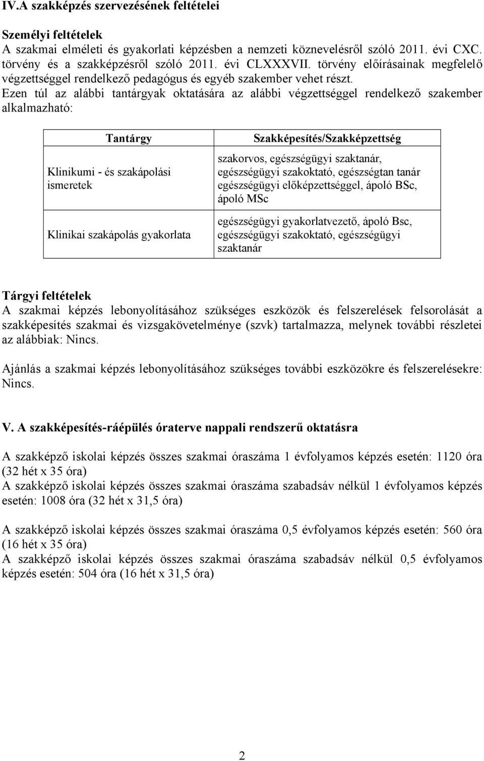 Ezen túl az alábbi tantárgyak oktatására az alábbi végzettséggel rendelkező szakember alkalmazható: Tantárgy Klinikumi - és szakápolási ismeretek Klinikai szakápolás gyakorlata