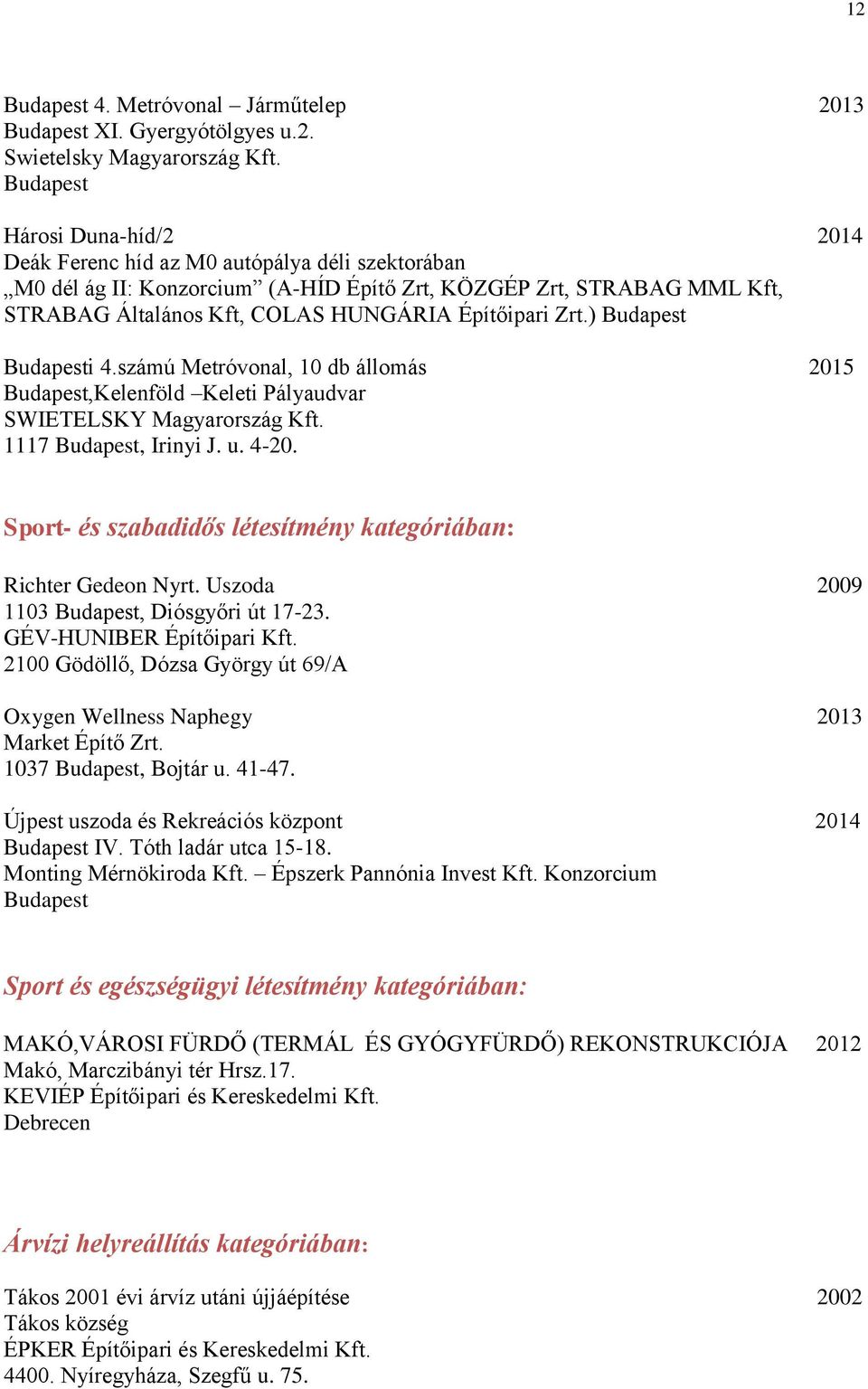 ) i 4.számú Metróvonal, 10 db állomás 2015,Kelenföld Keleti Pályaudvar SWIETELSKY Magyarország Kft. 1117, Irinyi J. u. 4-20. Sport- és szabadidős létesítmény kategóriában: Richter Gedeon Nyrt.