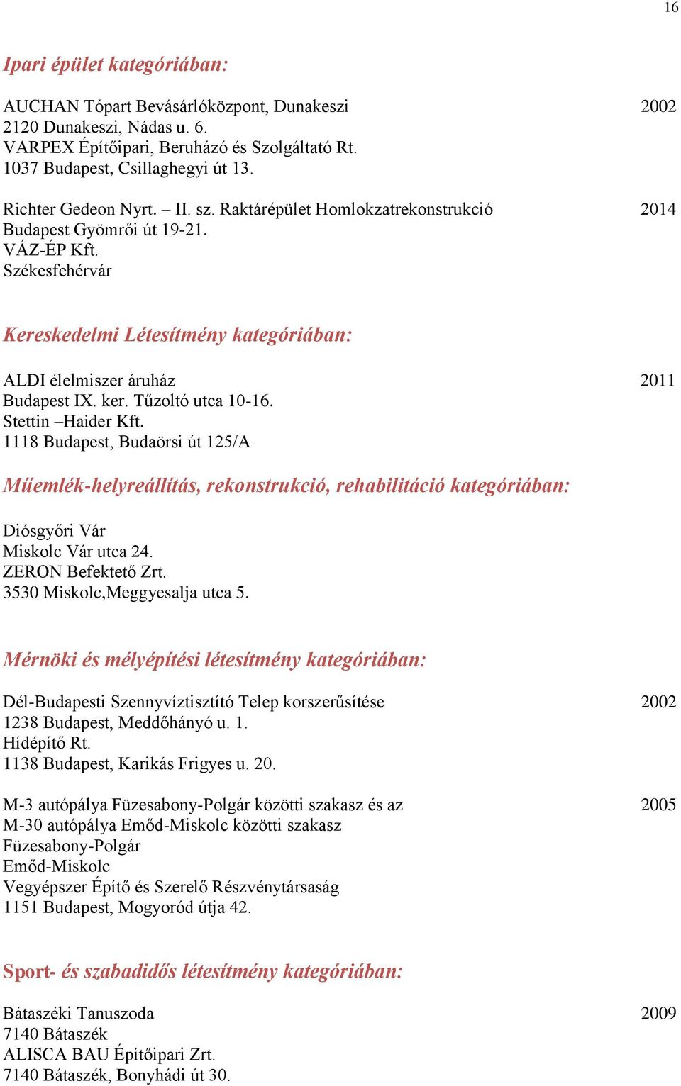 Stettin Haider Kft. 1118, Budaörsi út 125/A Műemlék-helyreállítás, rekonstrukció, rehabilitáció kategóriában: Diósgyőri Vár Miskolc Vár utca 24. ZERON Befektető Zrt. 3530 Miskolc,Meggyesalja utca 5.