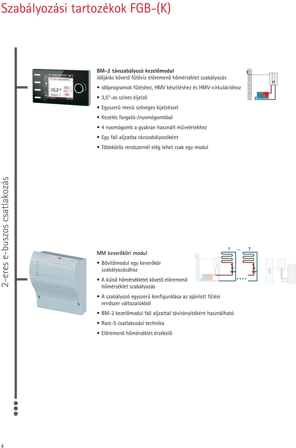 lehet csak egy modul 2-eres e-buszos csatlakozás MM keverõköri modul Bõvítõmodul egy keverõkör szabályozásához A külsõ hõmérsékletet követõ elõremenõ hõmérséklet szabályozás A szabályozó