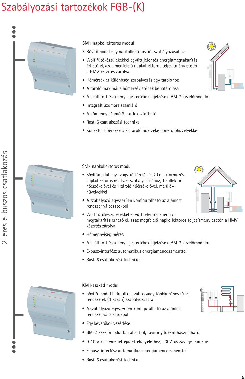 a BM-2 kezelõmodulon Integrált üzemóra számláló A hõmennyiségmérõ csatlakoztatható Rast-5 csatlakozási technika Kollektor hõérzékelõ és tároló hõérzékelõ merülõhüvelyekkel 2-eres e-buszos csatlakozás