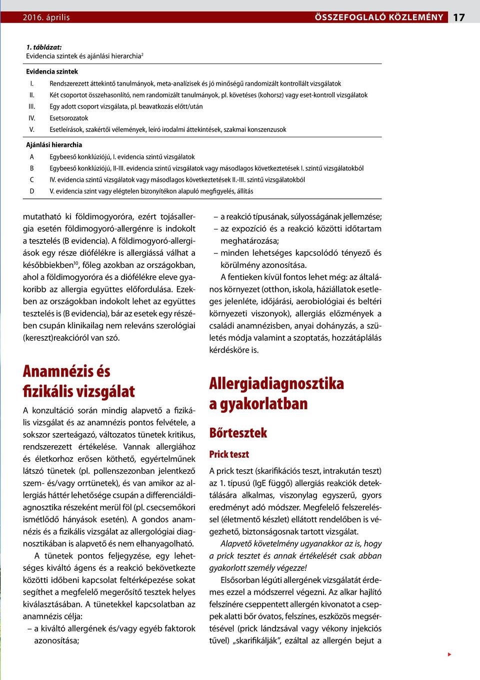 Esetleírások, szakértői vélemények, leíró irodalmi áttekintések, szakmai konszenzusok Ajánlási hierarchia A Egybeeső konklúziójú, I. evidencia szintű vizsgálatok B Egybeeső konklúziójú, II-III.