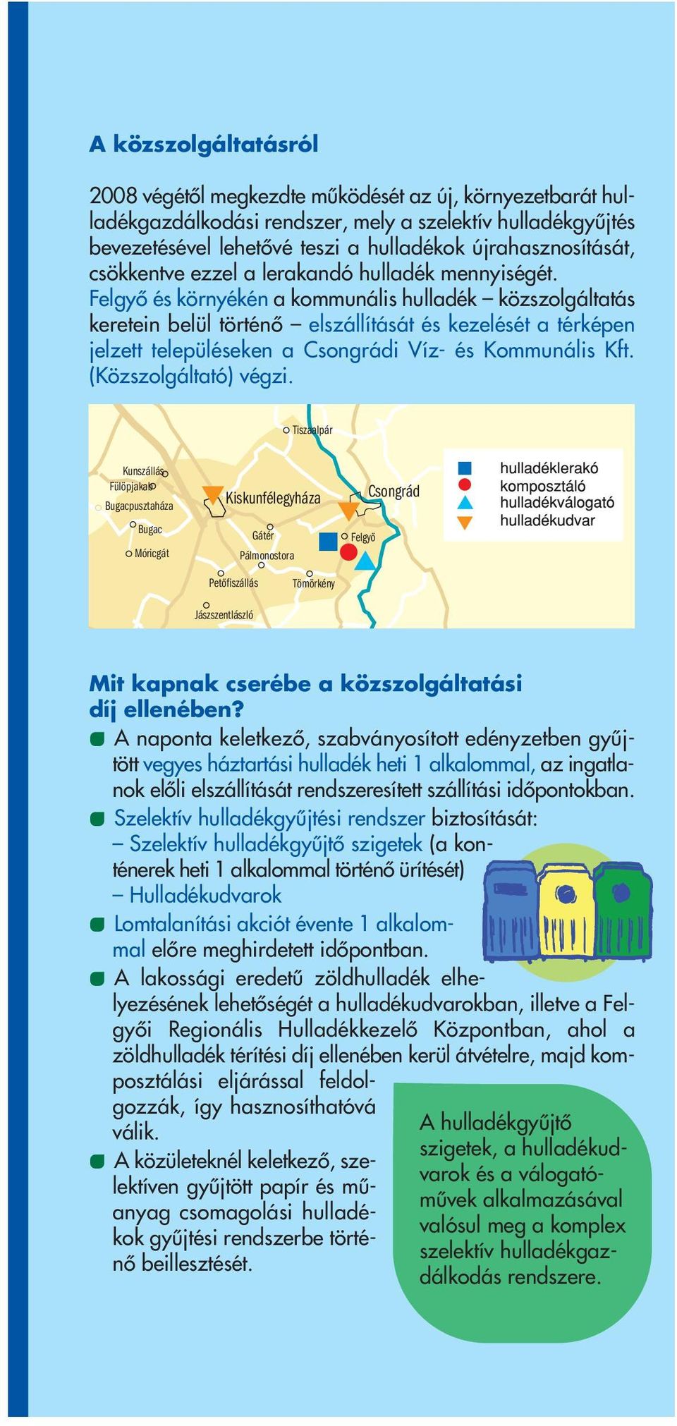 Felgyô és környékén a kommunális hulladék közszolgáltatás keretein belül történô elszállítását és kezelését a térképen jelzett településeken a Csongrádi Víz- és Kommunális Kft. (Közszolgáltató) végzi.