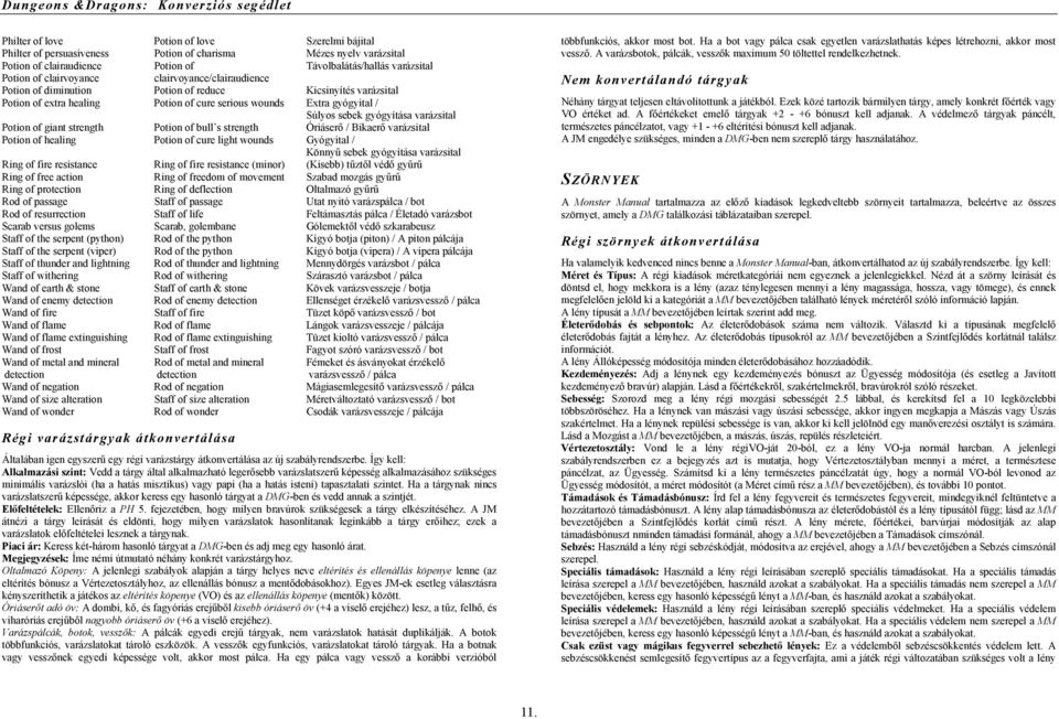 varázsital Potion of giant strength Potion of bull s strength Óriáserő / Bikaerő varázsital Potion of healing Potion of cure light wounds Gyógyital / Könnyű sebek gyógyítása varázsital Ring of fire