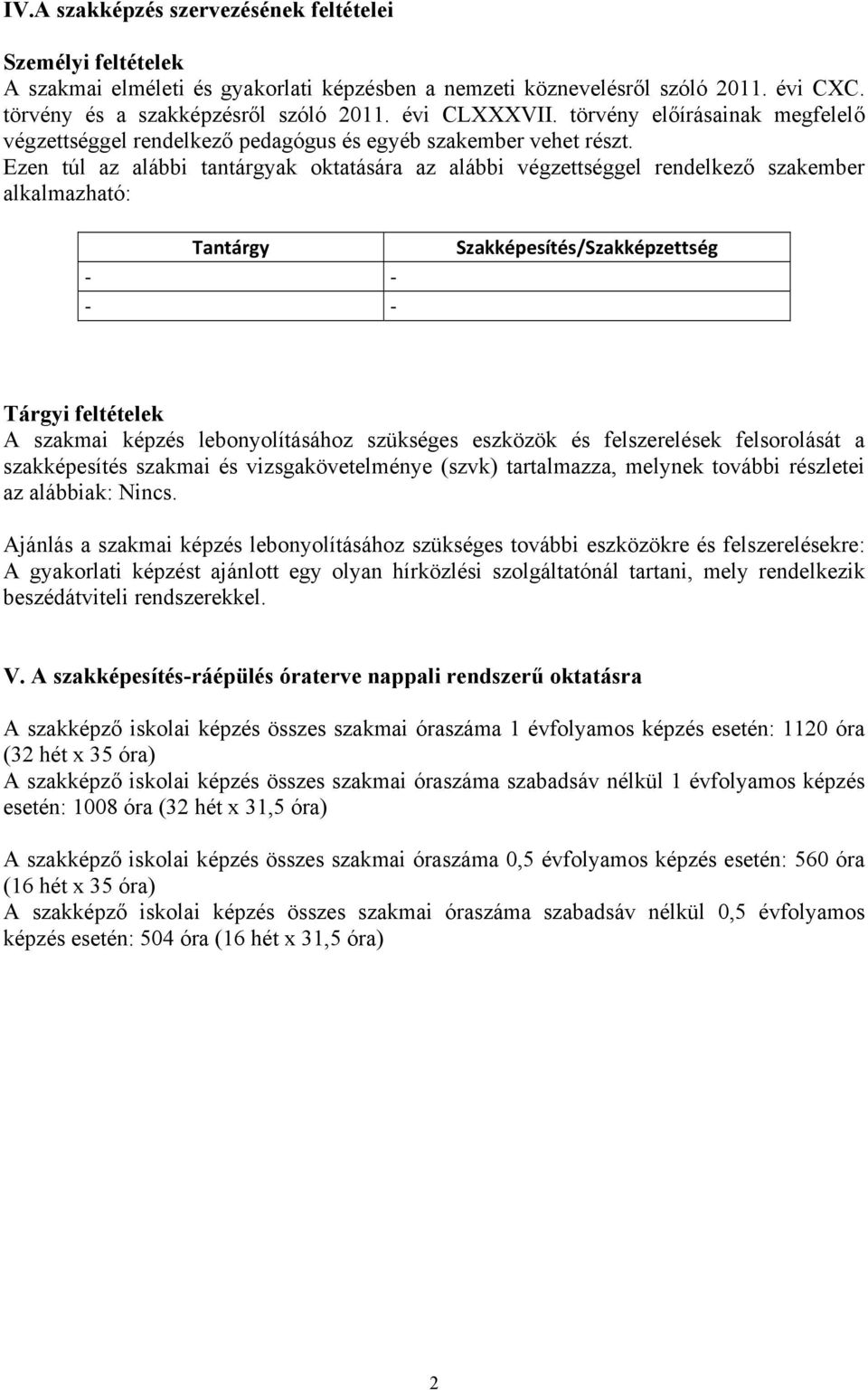 Ezen túl az alábbi tantárgyak oktatására az alábbi végzettséggel rendelkező szakember alkalmazható: Tantárgy Szakképesítés/Szakképzettség Tárgyi feltételek A szakmai képzés lebonyolításához szükséges