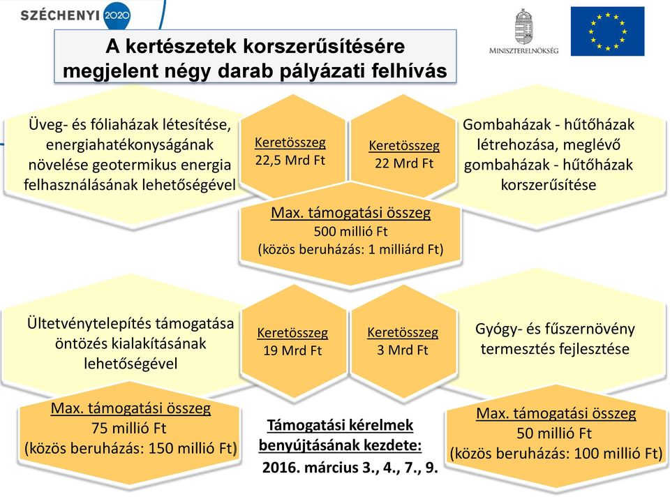 támogatási összeg 500 millió Ft (közös beruházás: 1 milliárd Ft) Gombaházak - hűtőházak létrehozása, meglévő gombaházak - hűtőházak korszerűsítése Ültetvénytelepítés támogatása öntözés