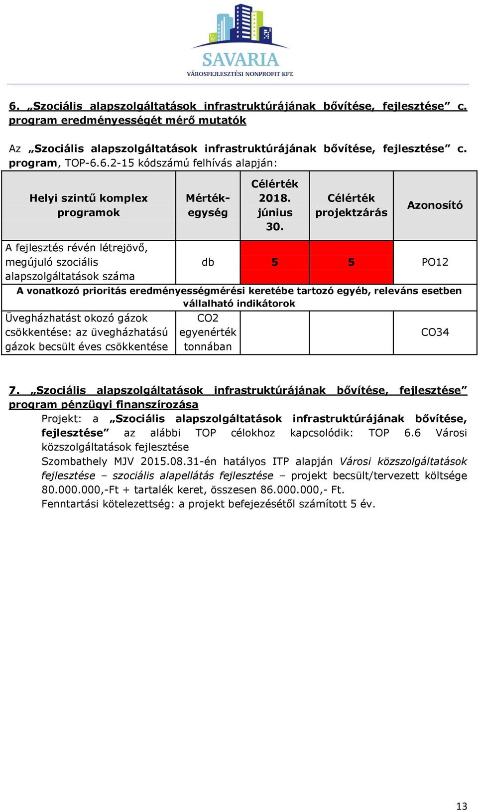 Célérték projektzárás Azonosító A fejlesztés révén létrejövő, megújuló szociális alapszolgáltatások száma db 5 5 PO12 A vonatkozó prioritás eredményességmérési keretébe tartozó egyéb, releváns