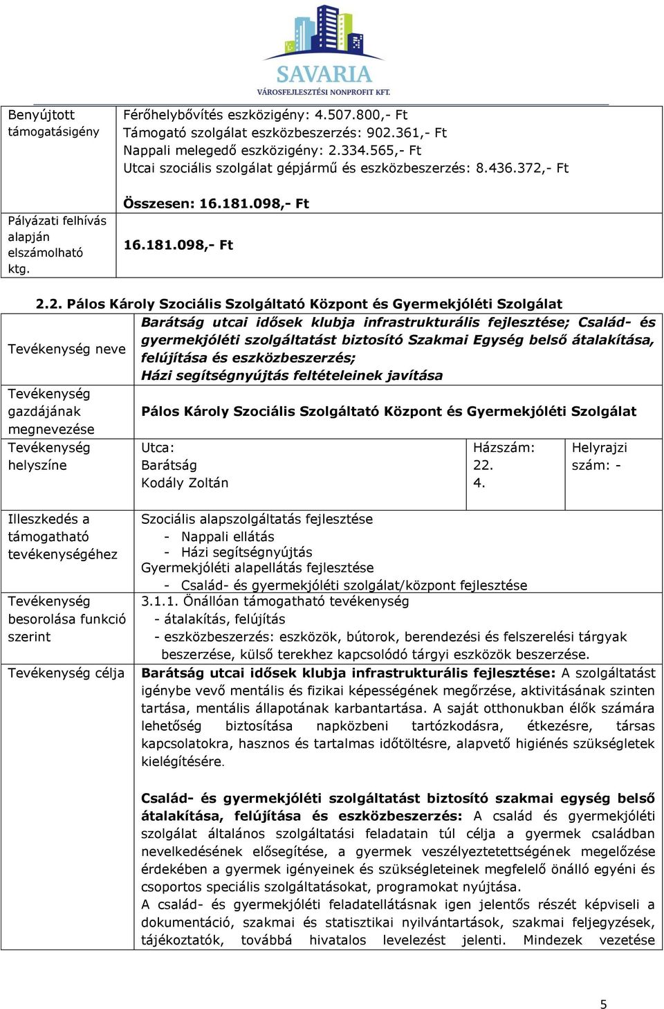 - Ft Pályázati felhívás alapján elszámolható ktg. Összesen: 16.181.098,- Ft 16.181.098,- Ft 2.