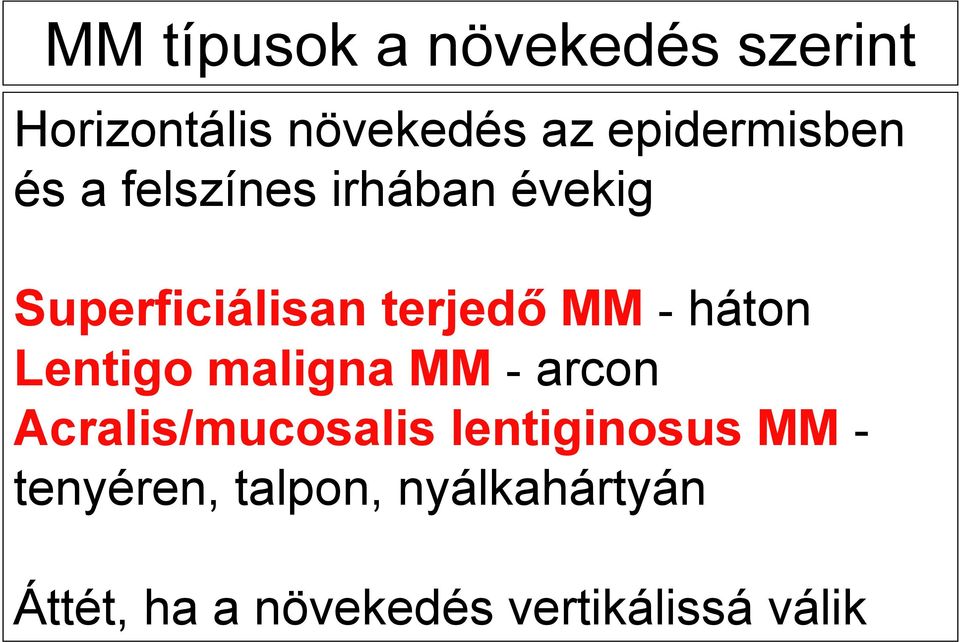 MM - háton Lentigo maligna MM - arcon Acralis/mucosalis