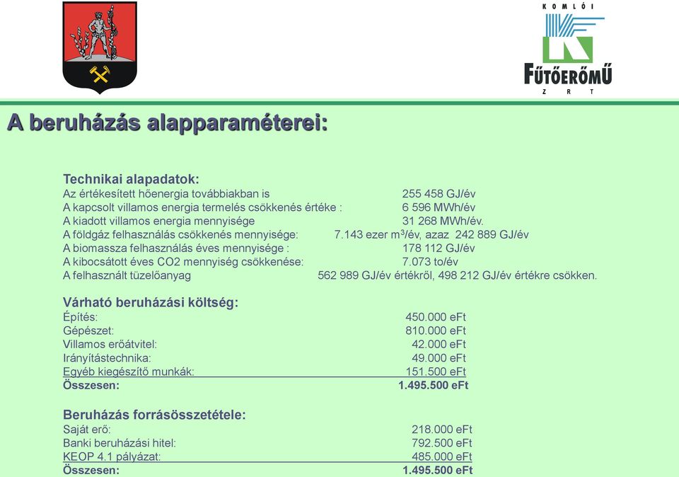 143 ezer m 3 /év, azaz 242 889 GJ/év A biomassza felhasználás éves mennyisége : 178 112 GJ/év A kibocsátott éves CO2 mennyiség csökkenése: 7.