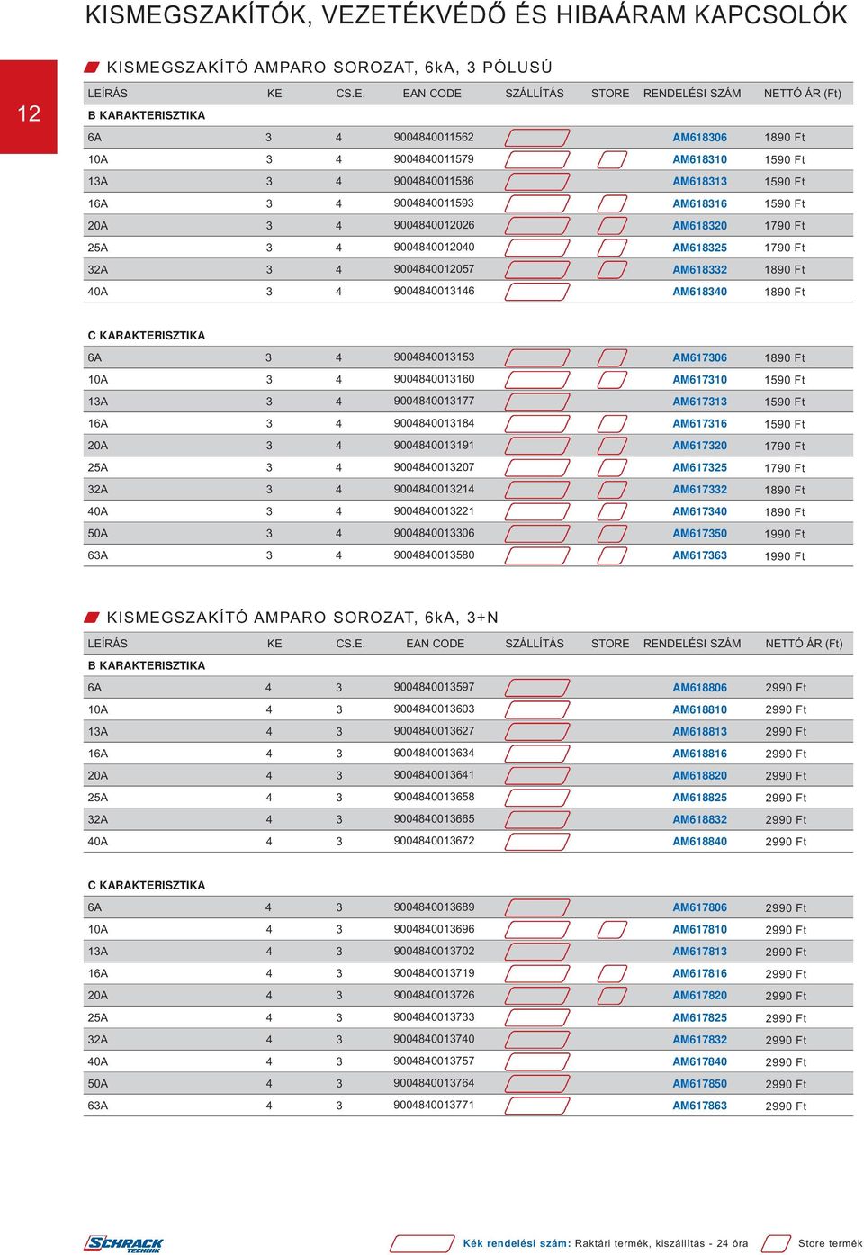 ETÉKVÉDŐ ÉS HIBAÁRAM KAPCSOLÓK W SZAKÍTÓ AMPARO SOROZAT, 6kA, 3 PÓLUSÚ 12 LEÍRÁS KE CS.E. EAN CODE SZÁLLÍTÁS STORE RENDELÉSI SZÁM B KARAKTERISZTIKA 6A 3 4 9004840011562 AM618306 10A 3 4 9004840011579