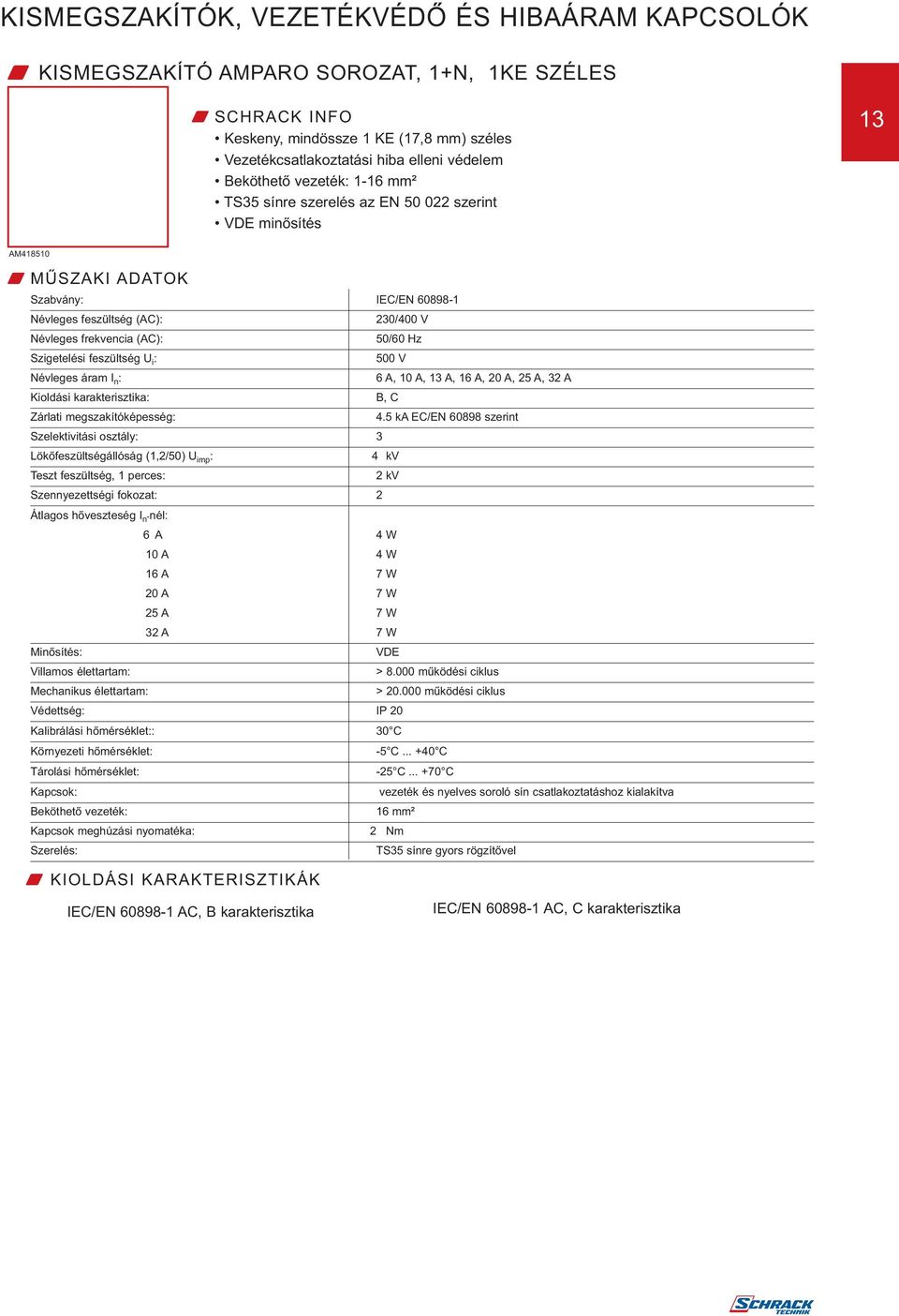 50/60 Hz Szigetelési feszültség U i : 500 V Névleges áram I n : 6 A, 10 A, 13 A, 16 A, 20 A, 25 A, 32 A Kioldási karakterisztika: B, C Zárlati megszakítóképesség: 4.