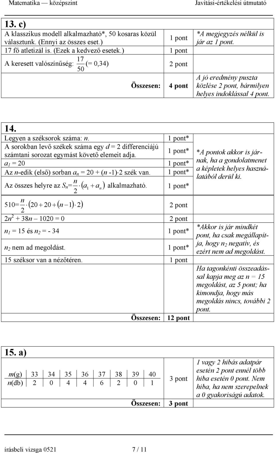 A sorokban levő székek száma egy d = differenciájú számtani sorozat egymást követő elemeit adja. a 1 = 0 Az n-edik (első) sorban a n = 0 + (n -1) szék van.