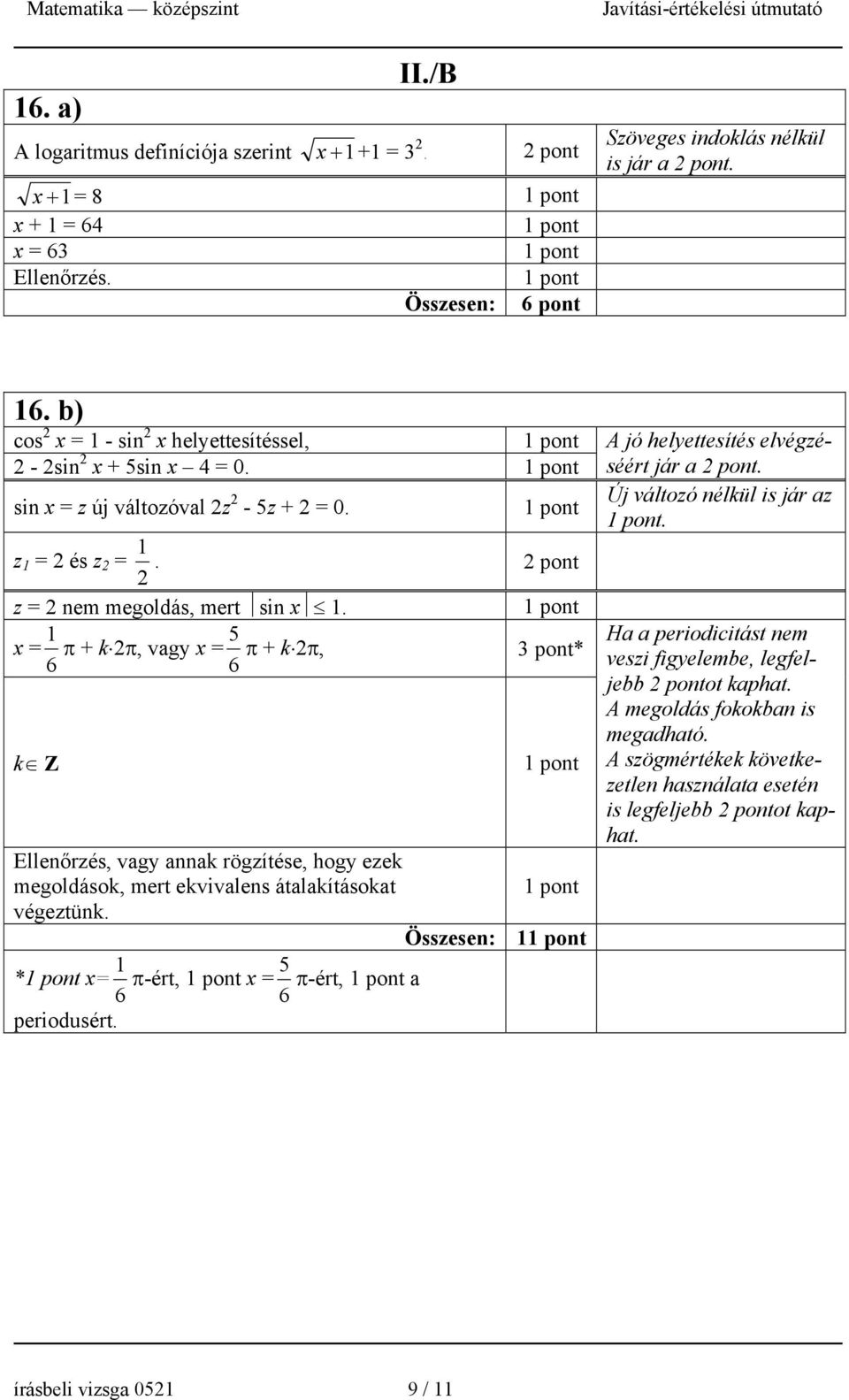 x = 6 1 π + k π, vagy x = 6 5 π + k π, k Z Ellenőrzés, vagy annak rögzítése, hogy ezek megoldások, mert ekvivalens átalakításokat végeztünk.