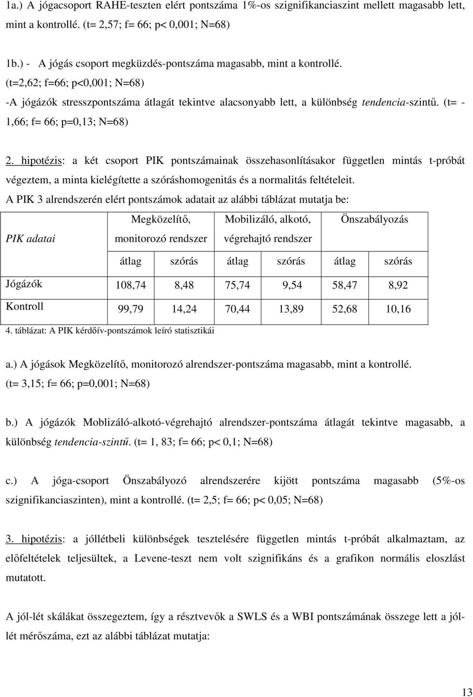 (t= - 1,66; f= 66; p=0,13; N=68) 2.