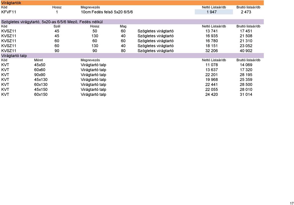 Szögletes virágtartó 18 151 23 052 KVSZ11 90 90 80 Szögletes virágtartó 32 206 40 902 Virágtartó talp Kód Méret Megnevezés Nettó Listaár/db Bruttó listaár/db KVT 45x50 Virágtartó talp 11 078 14 069
