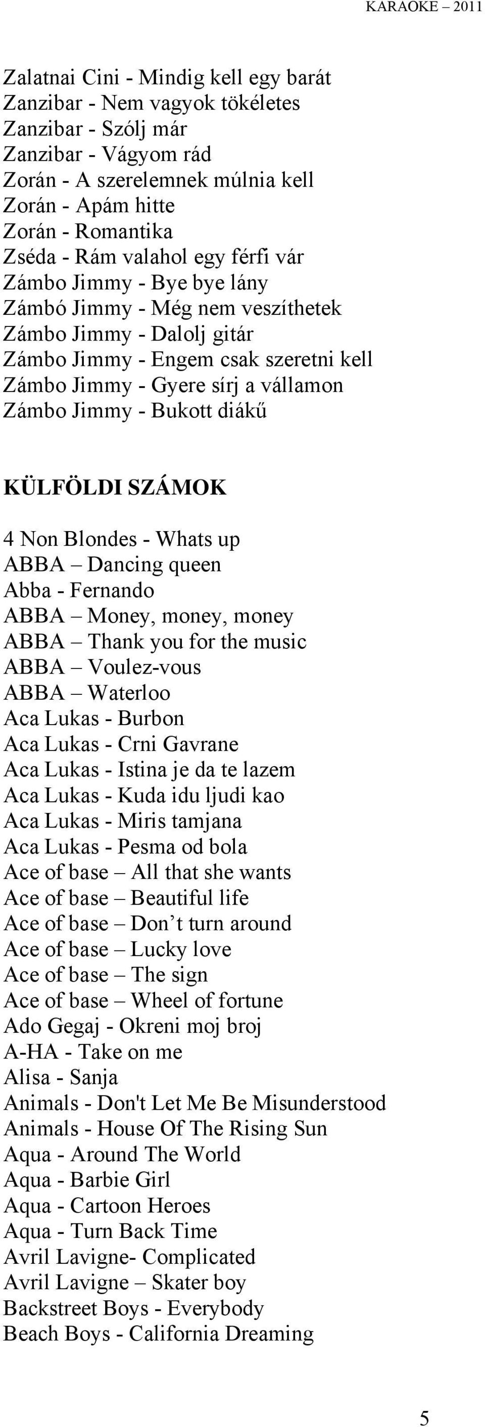 Bukott diákű KÜLFÖLDI SZÁMOK 4 Non Blondes - Whats up ABBA Dancing queen Abba - Fernando ABBA Money, money, money ABBA Thank you for the music ABBA Voulez-vous ABBA Waterloo Aca Lukas - Burbon Aca