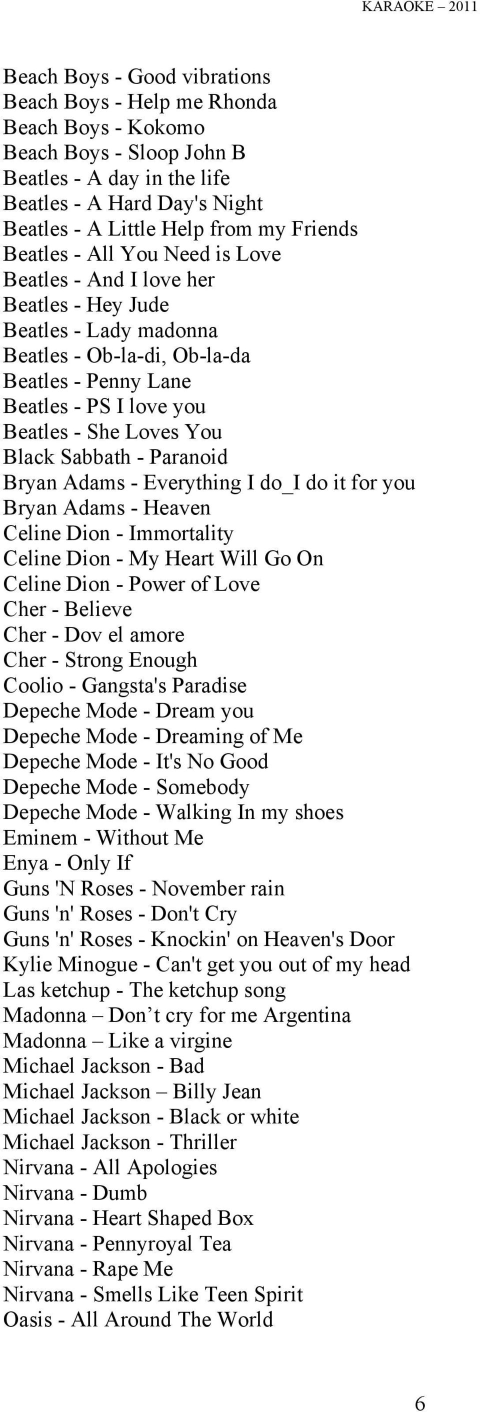 Black Sabbath - Paranoid Bryan Adams - Everything I do_i do it for you Bryan Adams - Heaven Celine Dion - Immortality Celine Dion - My Heart Will Go On Celine Dion - Power of Love Cher - Believe Cher