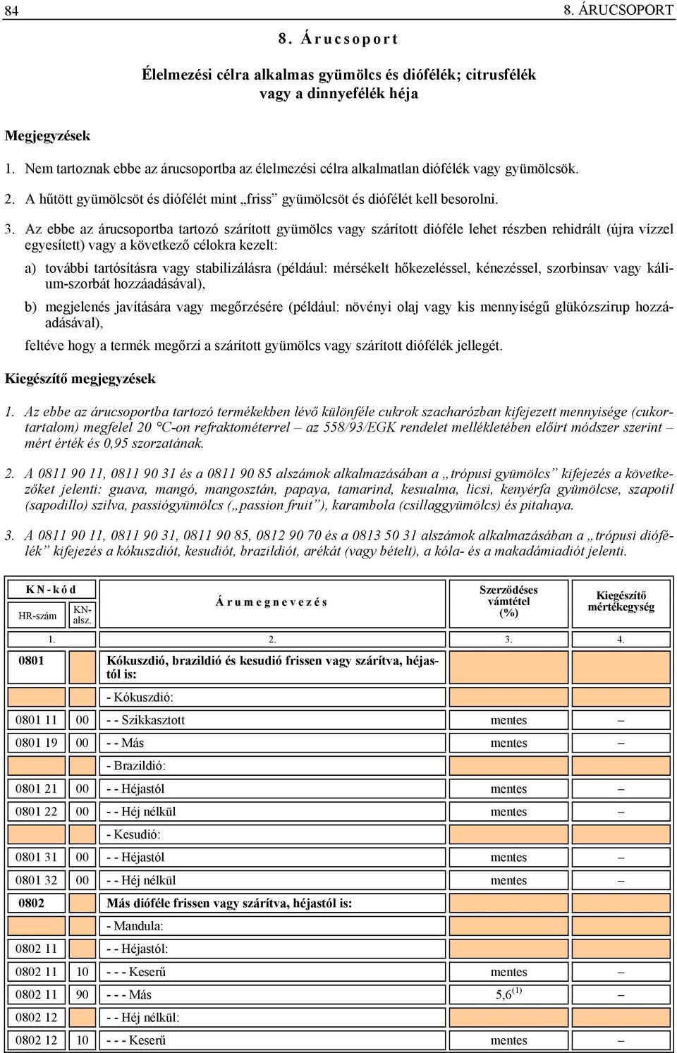 Az ebbe az árucsoportba tartozó szárított gyümölcs vagy szárított dióféle lehet részben rehidrált (újra vízzel egyesített) vagy a következő célokra kezelt: a) további tartósításra vagy stabilizálásra