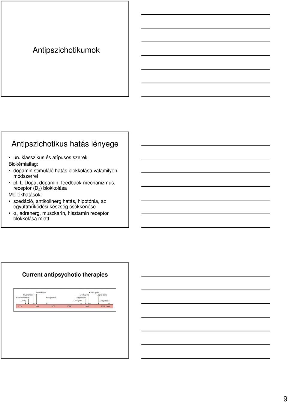 pl. L-Dopa, dopamin, feedback-mechanizmus, receptor (D 2 ) blokkolása Mellékhatások: szedáció,