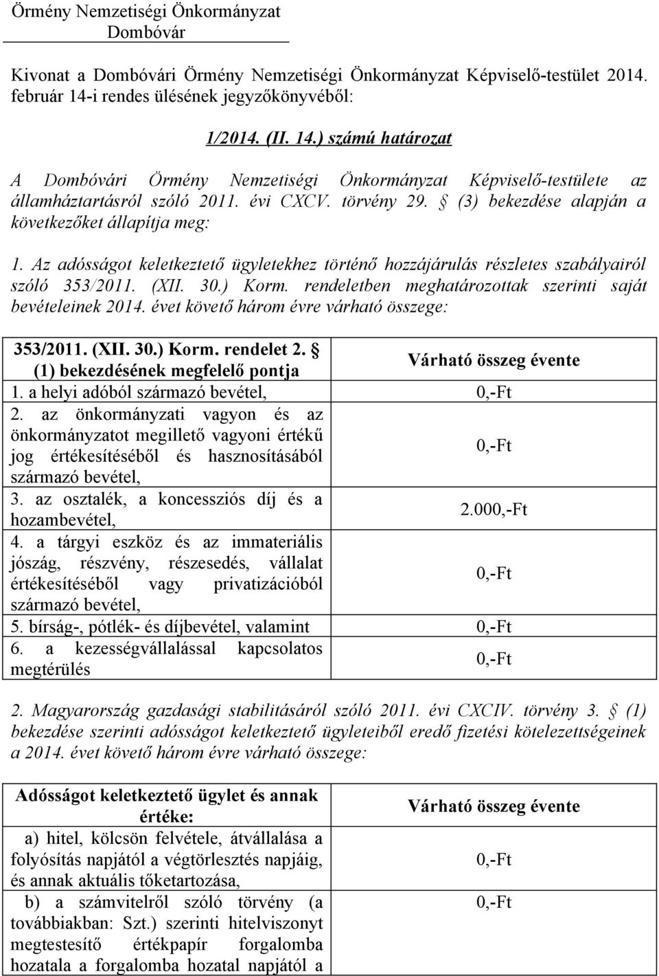 rendeletben meghatározottak szerinti saját bevételeinek 2014. évet követő három évre várható összege: 353/2011. (XII. 30.) Korm. rendelet 2. (1) bekezdésének megfelelő pontja Várható összeg évente 1.