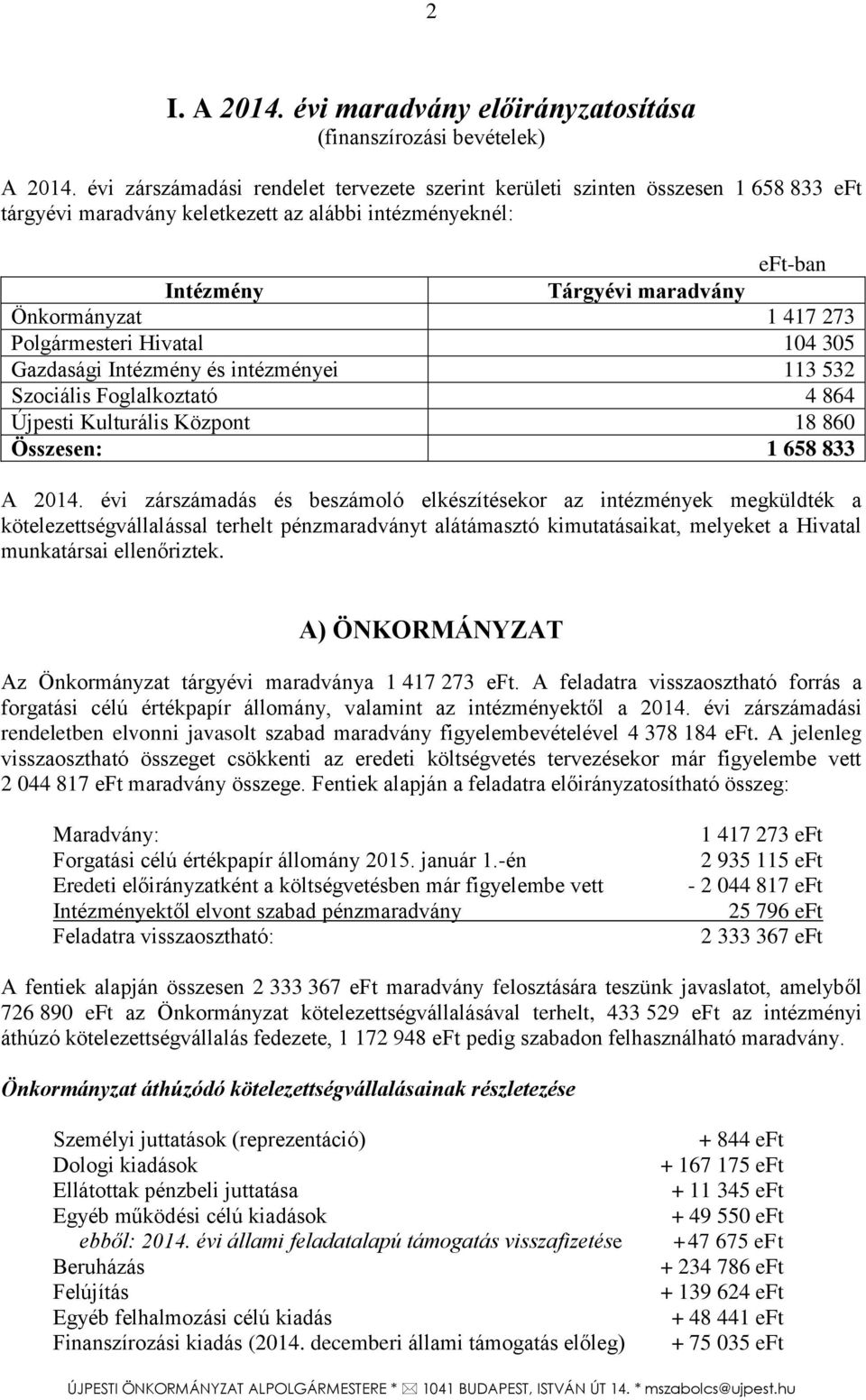 273 Polgármesteri Hivatal 104 305 Gazdasági Intézmény és intézményei 113 532 Szociális Foglalkoztató 4 864 Újpesti Kulturális Központ 18 860 Összesen: 1 658 833 A 2014.