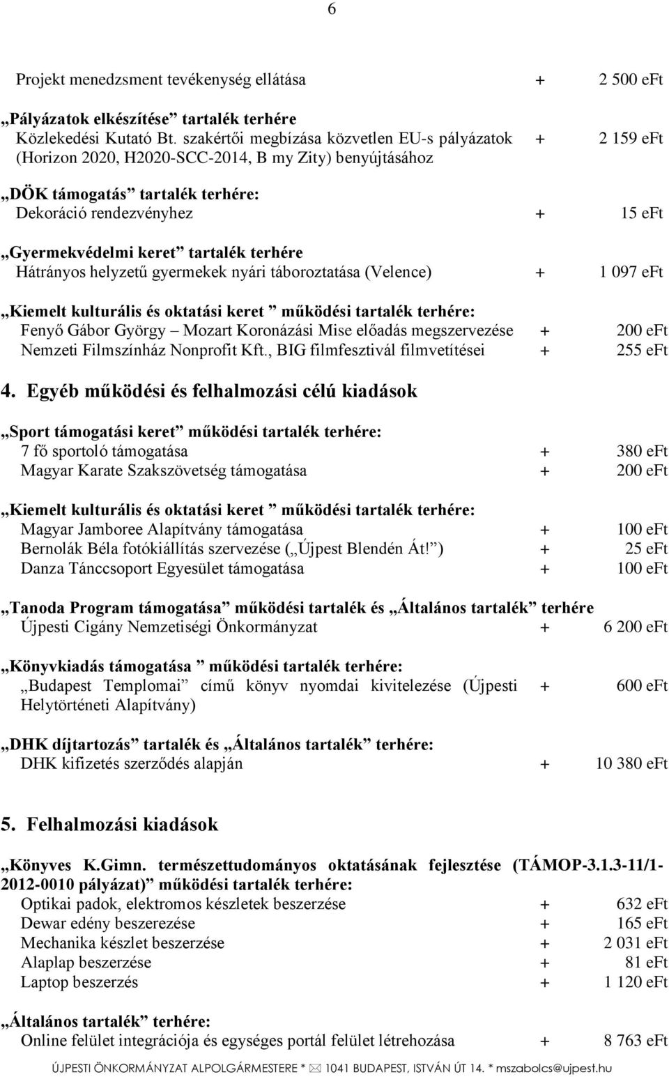 tartalék terhére Hátrányos helyzetű gyermekek nyári táboroztatása (Velence) + 1 097 eft Kiemelt kulturális és oktatási keret működési tartalék terhére: Fenyő Gábor György Mozart Koronázási Mise