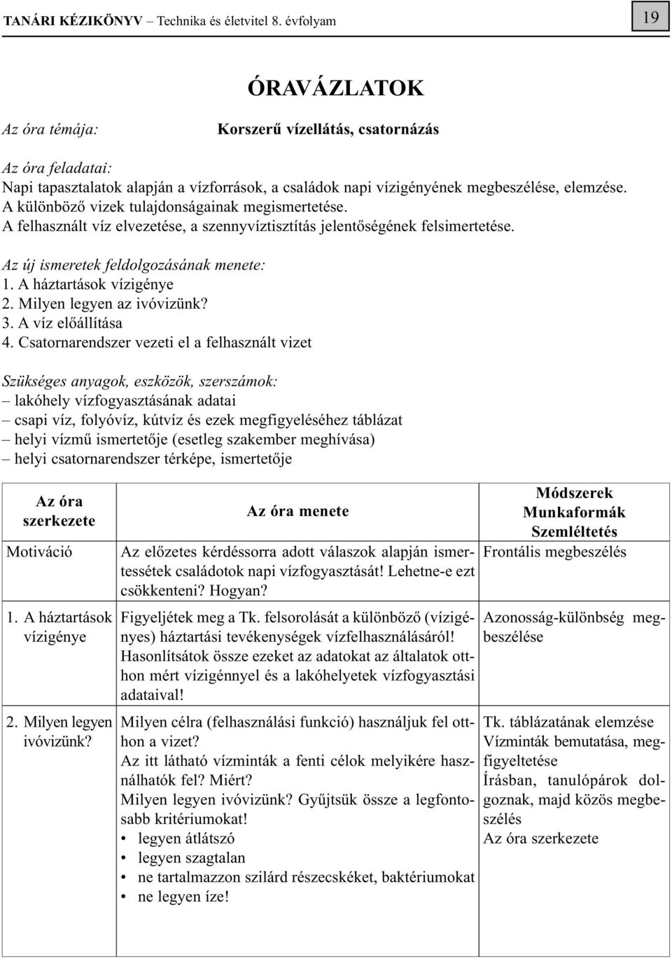 A különböző vizek tulajdonságainak megismertetése. A felhasznált víz elvezetése, a szennyvíztisztítás jelentőségének felsimertetése. Az új ismeretek feldolgozásának menete: 1.