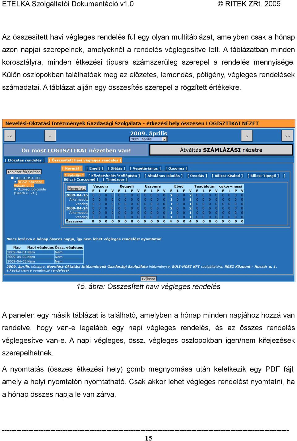 Külön oszlopokban találhatóak meg az előzetes, lemondás, pótigény, végleges rendelések számadatai. A táblázat alján egy összesítés szerepel a rögzített értékekre. 15.