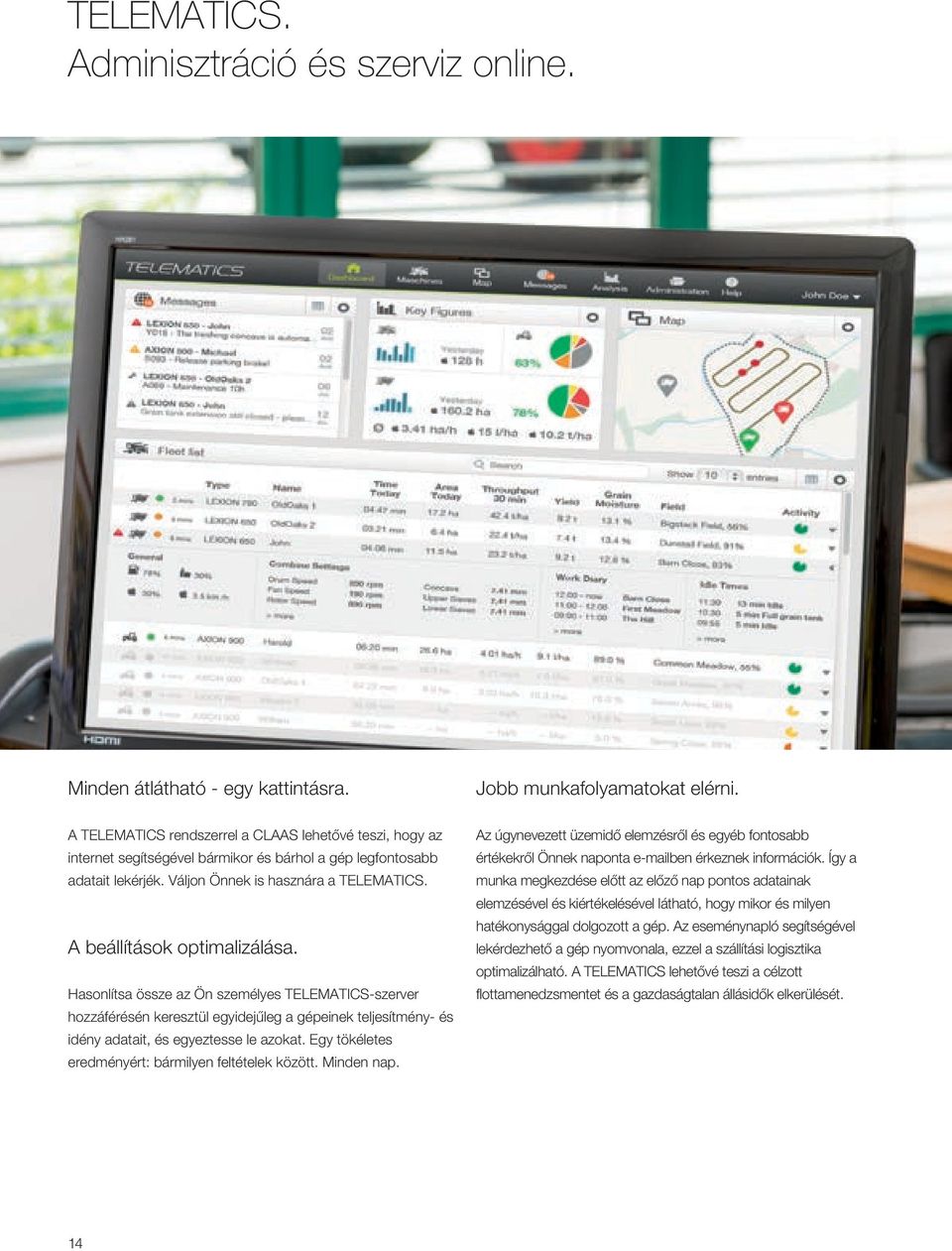 A beállítások optimalizálása. Hasonlítsa össze az Ön személyes TELEMATICS-szerver hozzáférésén keresztül egyidejűleg a gépeinek teljesítmény- és idény adatait, és egyeztesse le azokat.