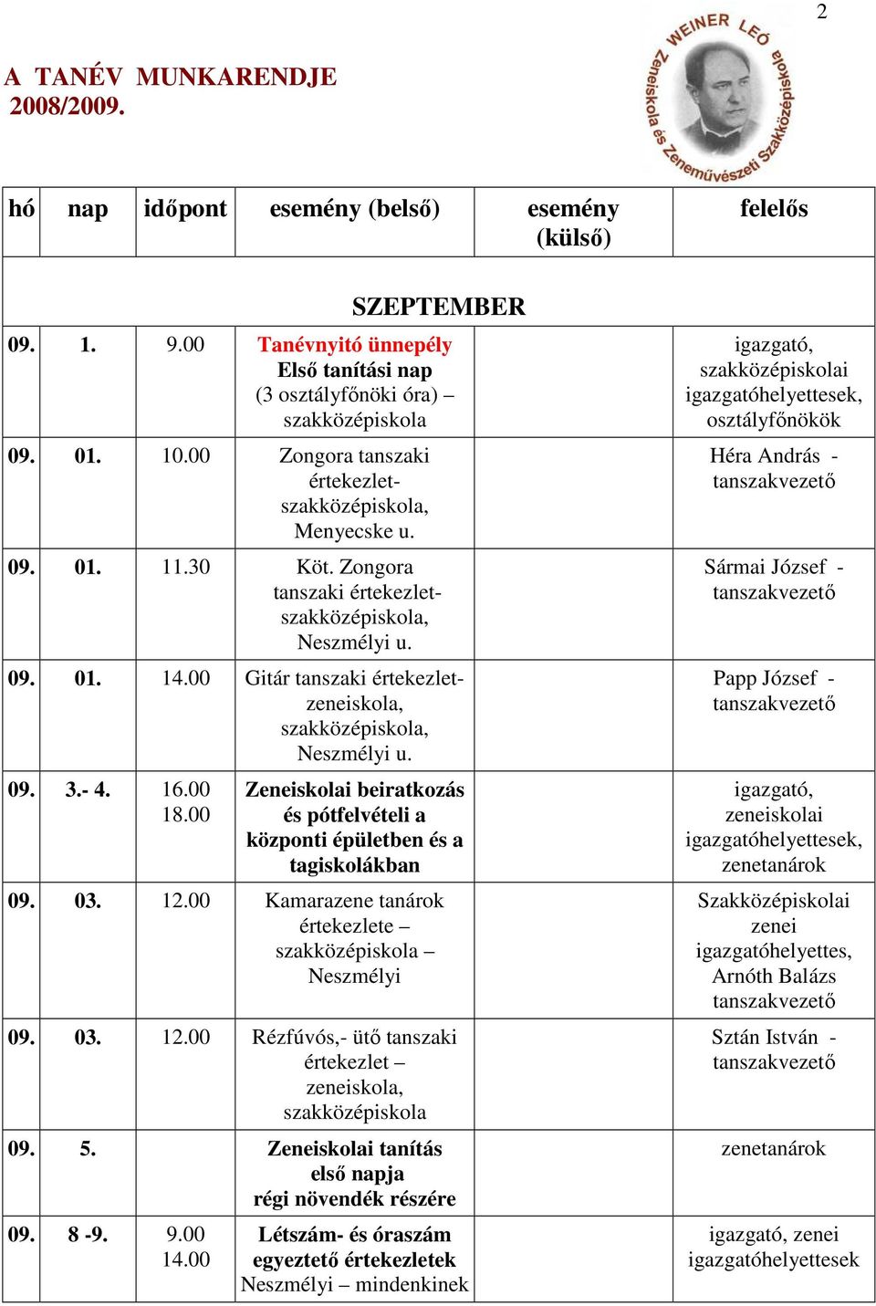 00 beiratkozás és pótfelvételi a központi épületben és a tagiskolákban 09. 03. 12.00 Kamarazene tanárok értekezlete Neszmélyi 09. 03. 12.00 Rézfúvós,- ütő tanszaki értekezlet zeneiskola, 09.