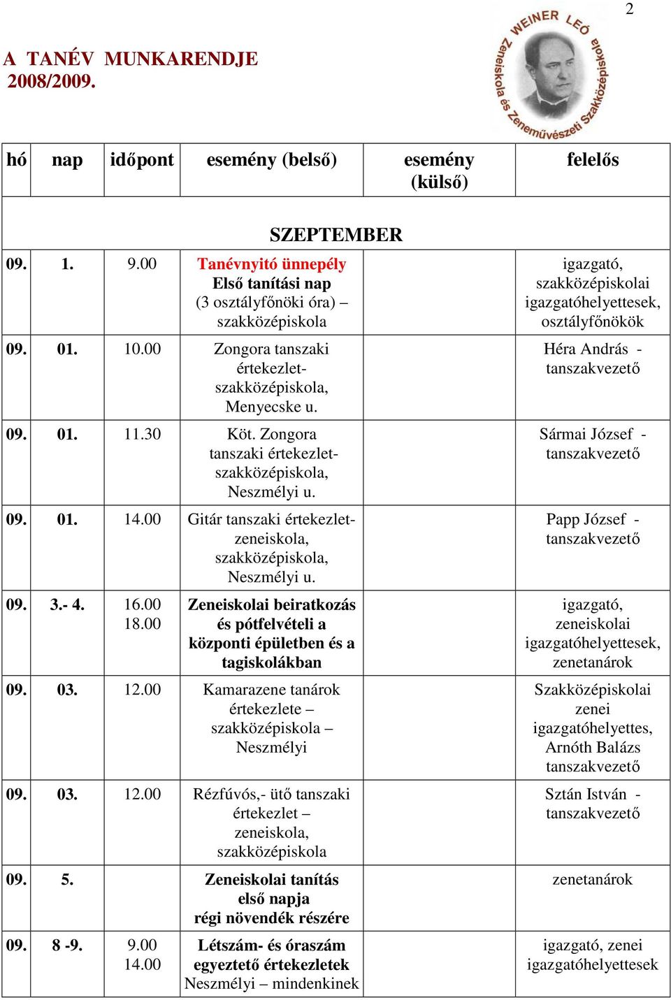 00 beiratkozás és pótfelvételi a központi épületben és a tagiskolákban 09. 03. 12.00 Kamarazene tanárok értekezlete Neszmélyi 09. 03. 12.00 Rézfúvós,- ütő tanszaki értekezlet zeneiskola, 09.