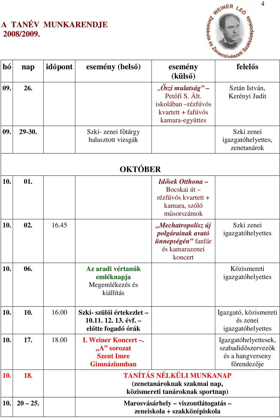 Az aradi vértanúk emléknapja Megemlékezés és kiállítás, Kerényi Judit Szki zenei zenetanárok Szki zenei igazgatóhelyettes Közismereti igazgatóhelyettes 10. 10. 16.00 Szki- szülői értekezlet 10.11. 12.