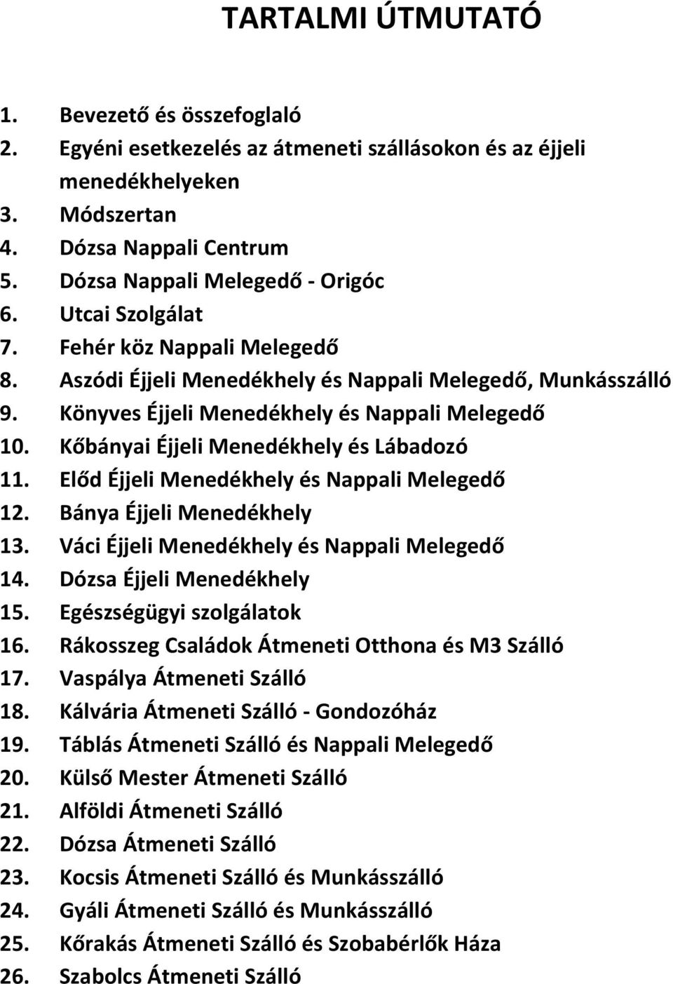 Kőbányai Éjjeli Menedékhely és Lábadozó 11. Előd Éjjeli Menedékhely és Nappali Melegedő 12. Bánya Éjjeli Menedékhely 13. Váci Éjjeli Menedékhely és Nappali Melegedő 14. Dózsa Éjjeli Menedékhely 15.