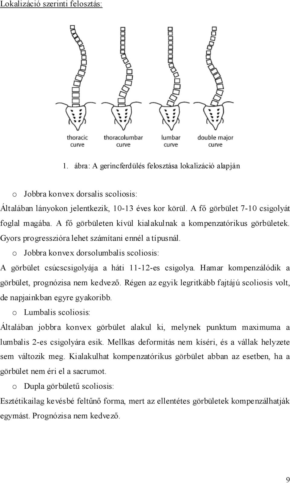 o Jobbra konvex dorsolumbalis scoliosis: A görbület csúcscsigolyája a háti 11-12-es csigolya. Hamar kompenzálódik a görbület, prognózisa nem kedvezı.