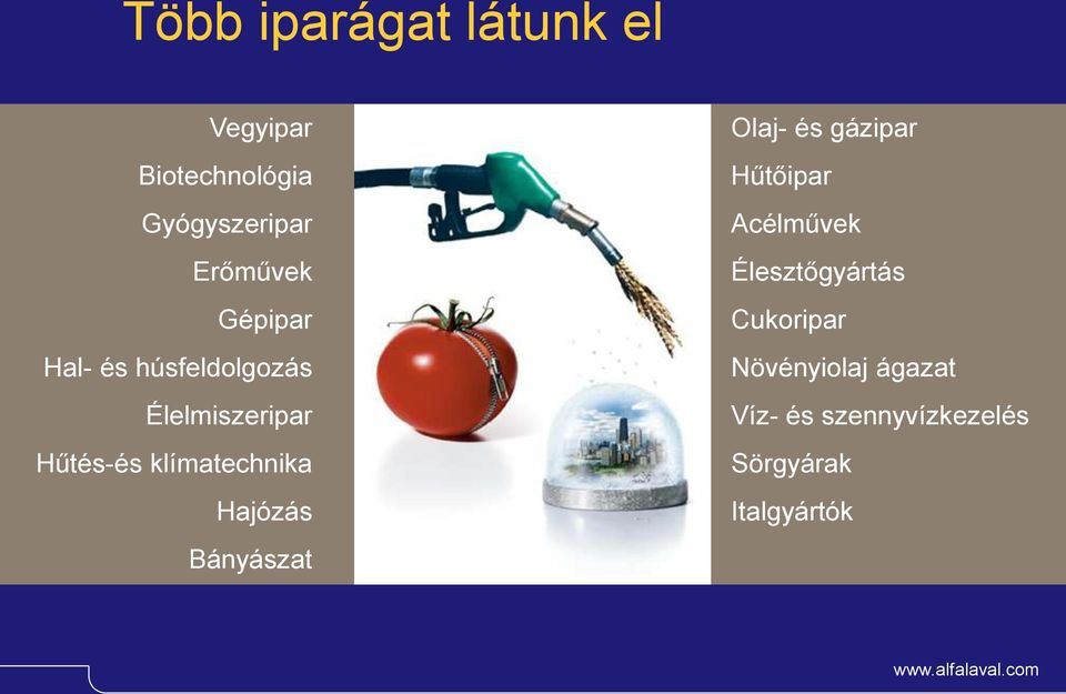 Hajózás Bányászat Olaj- és gázipar Hűtőipar Acélművek Élesztőgyártás