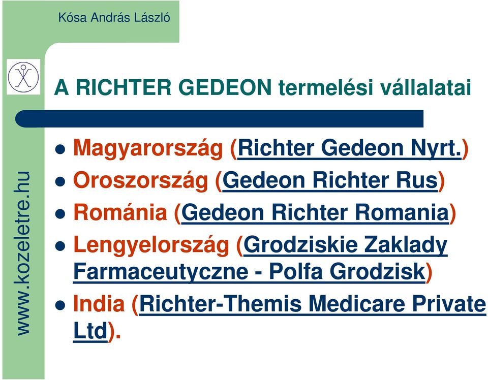 ) Oroszország (Gedeon Richter Rus) Románia (Gedeon Richter