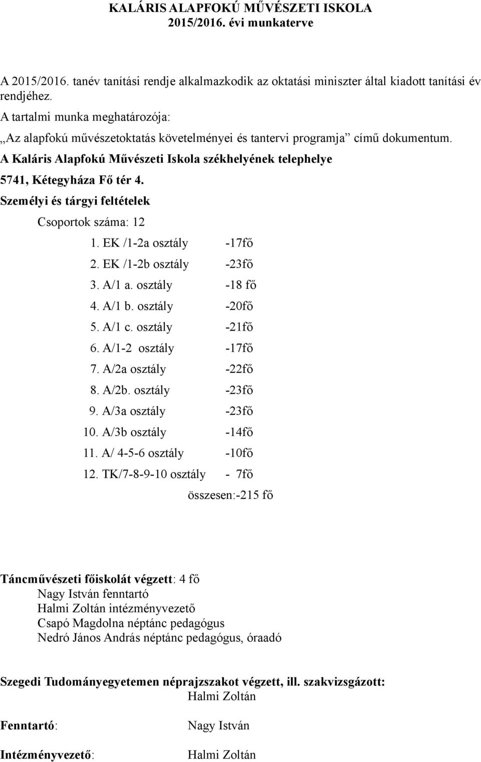 Személyi és tárgyi feltételek Csoportok száma: 12 1. EK /1-2a osztály -17fő 2. EK /1-2b osztály -23fő 3. A/1 a. osztály -18 fő 4. A/1 b. osztály -20fő 5. A/1 c. osztály -21fő 6. A/1-2 osztály -17fő 7.