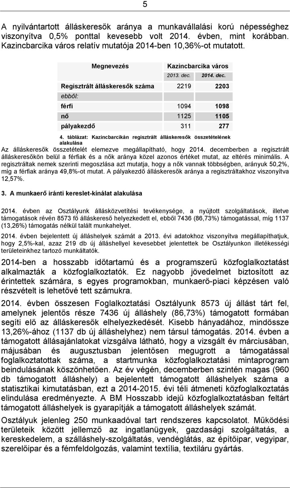 táblázat: Kazincbarcikán regisztrált álláskeresők összetételének alakulása Az álláskeresők összetételét elemezve megállapítható, hogy 2014.