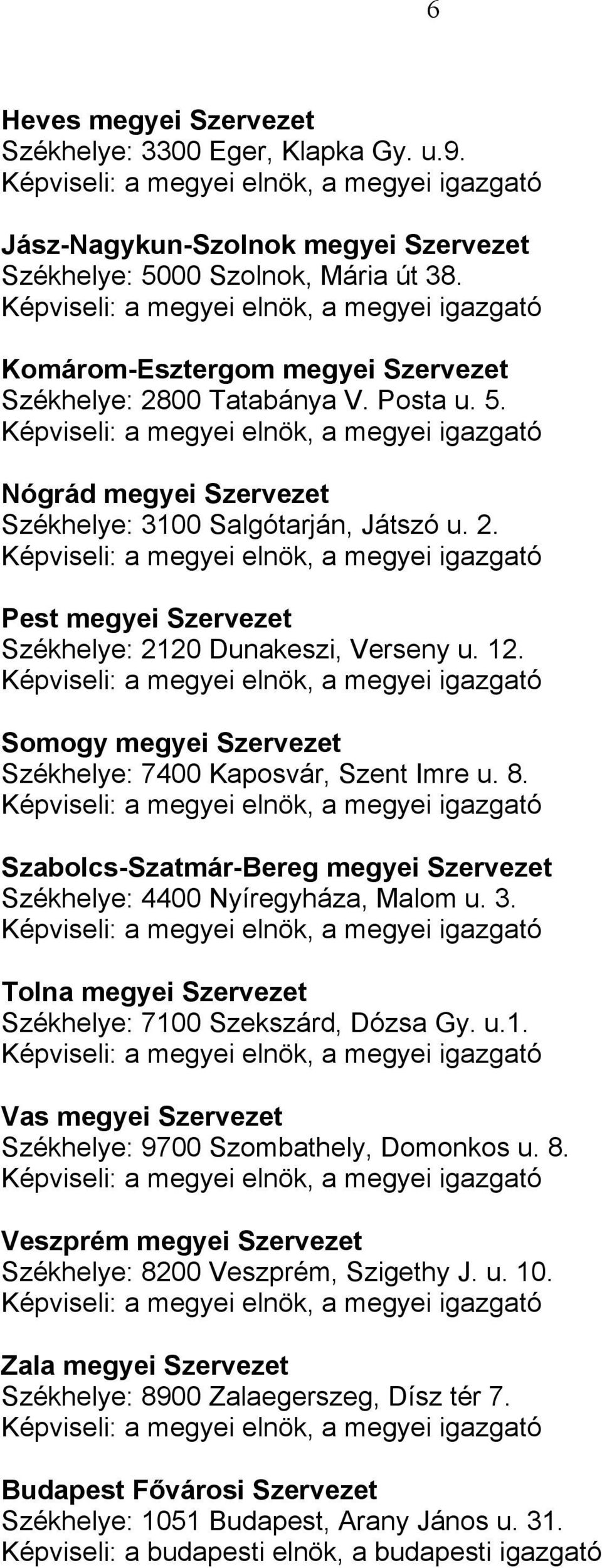 12. Somogy megyei Szervezet Székhelye: 7400 Kaposvár, Szent Imre u. 8. Szabolcs-Szatmár-Bereg megyei Szervezet Székhelye: 4400 Nyíregyháza, Malom u. 3.