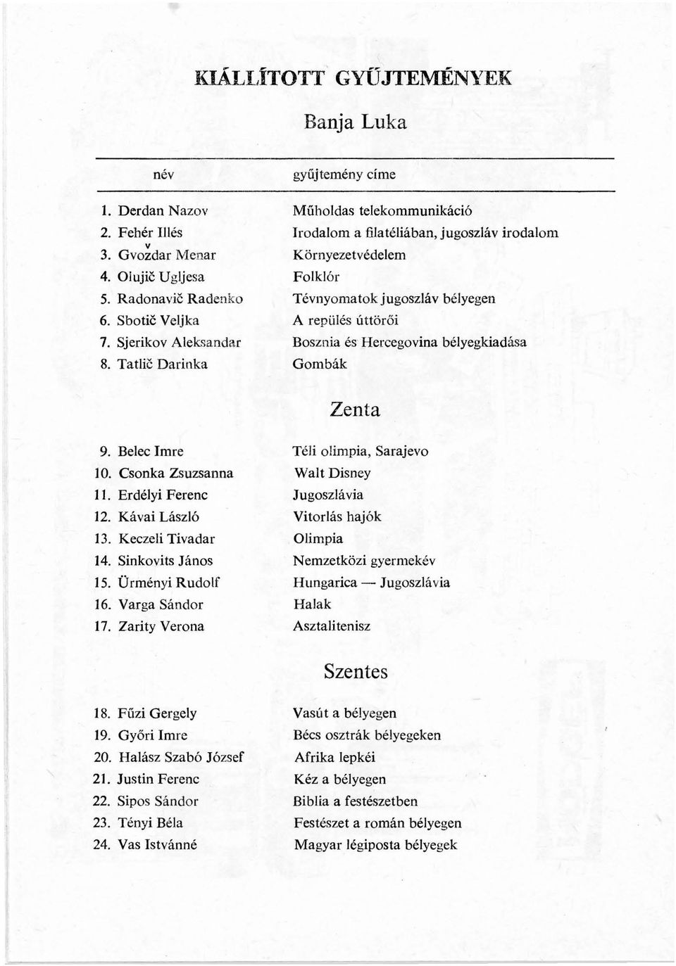 bélyegkiadása Gombák Zenta 9. Belec Imre J O. Csonka Zsuzsanna JI. Erdélyi Ferenc 12. Kávai László 13. Keczeli Tivadar 14. Sinkovits János J5. Ürményi Rudolf J6. Varga Sándor 17.