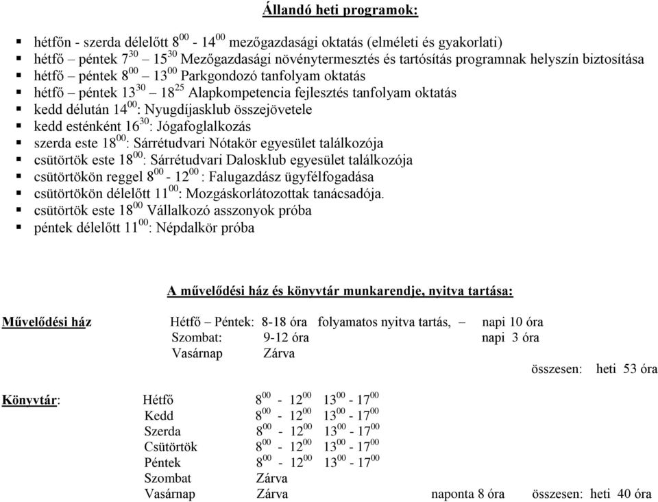 16 30 : Jógafoglalkozás szerda este 18 00 : Sárrétudvari Nótakör egyesület találkozója csütörtök este 18 00 : Sárrétudvari Dalosklub egyesület találkozója csütörtökön reggel 8 00-12 00 : Falugazdász