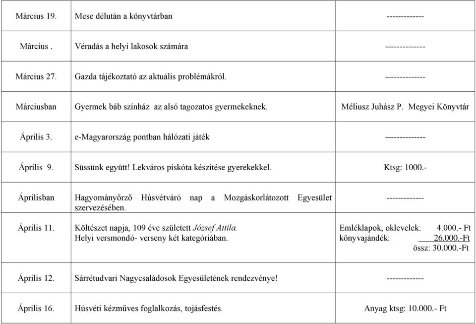 Süssünk együtt! Lekváros piskóta készítése gyerekekkel. Ktsg: 1000.- Áprilisban Hagyományőrző Húsvétváró nap a Mozgáskorlátozott Egyesület szervezésében. ------------- Április 11.