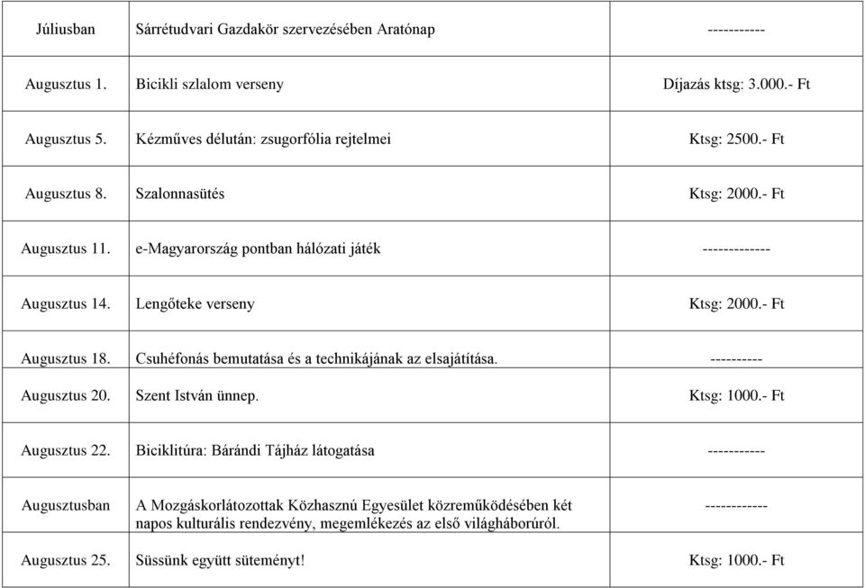 Lengőteke verseny Ktsg: 2000.- Ft Augusztus 18. Csuhéfonás bemutatása és a technikájának az elsajátítása. ---------- Augusztus 20. Szent István ünnep. Ktsg: 1000.- Ft Augusztus 22.