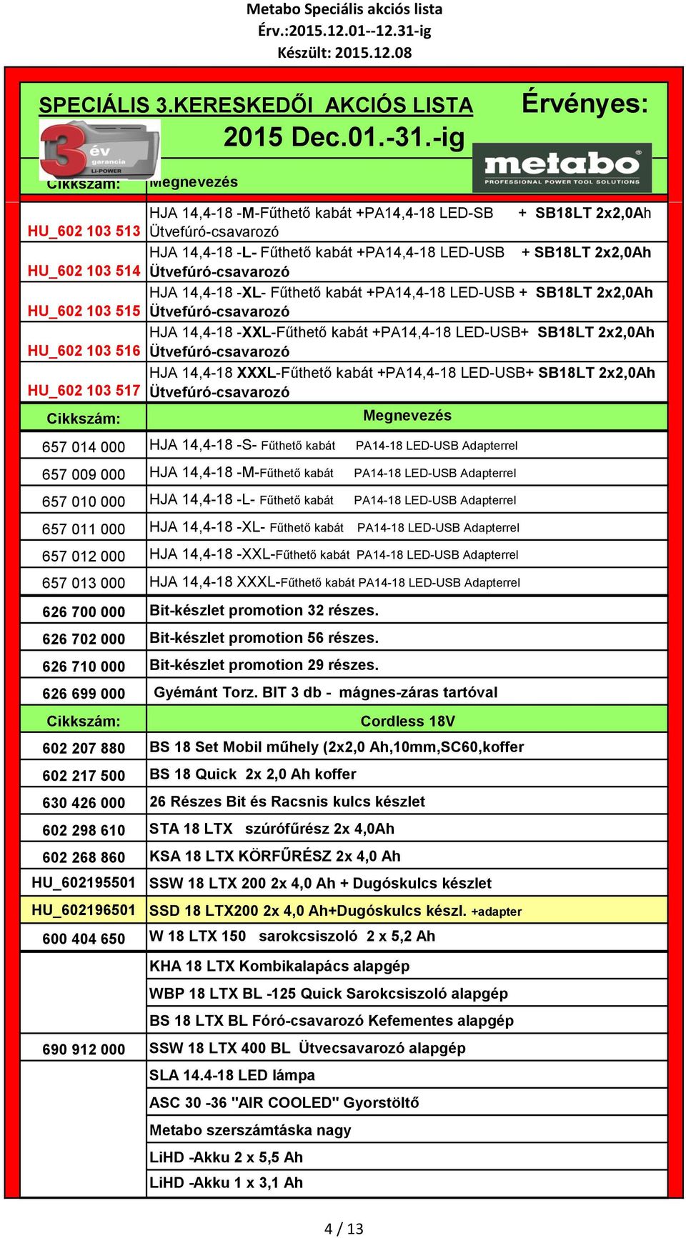 Ütvefúró-csavarozó HJA 14,4-18 XXXL-Fűthető kabát +PA14,4-18 LED-USB+ SB18LT 2x2,0Ah HU_602 103 517 Ütvefúró-csavarozó 657 014 000 HJA 14,4-18 -S- Fűthető kabát PA14-18 LED-USB Adapterrel 657 009 000