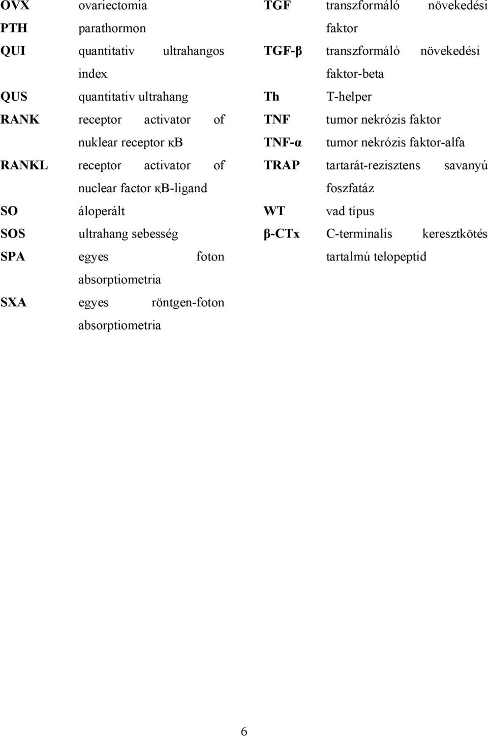 röntgen-foton absorptiometria TGF transzformáló növekedési faktor TGF-β transzformáló növekedési faktor-beta Th T-helper TNF tumor nekrózis